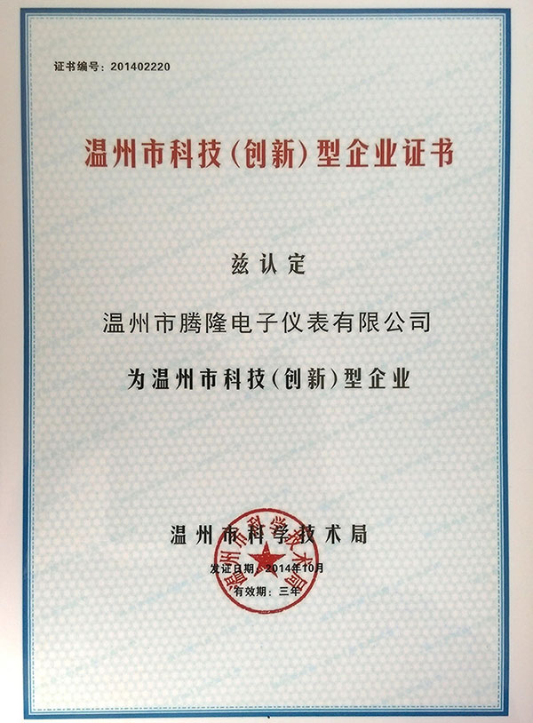 Wenzhou City Science and Technology Innovation Enterprise Certificate